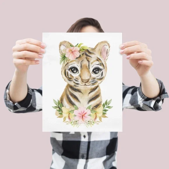 Cute Watercolor Floral Tiger Wall Art Print Poster Unframed - Picture 5 of 9